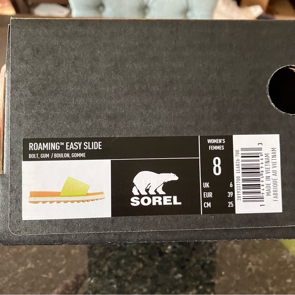 New Sorel Roaming Easy Slide Sandals, Casual Stretch Yellow Lime Green Slides, 8 - Picture 12 of 13